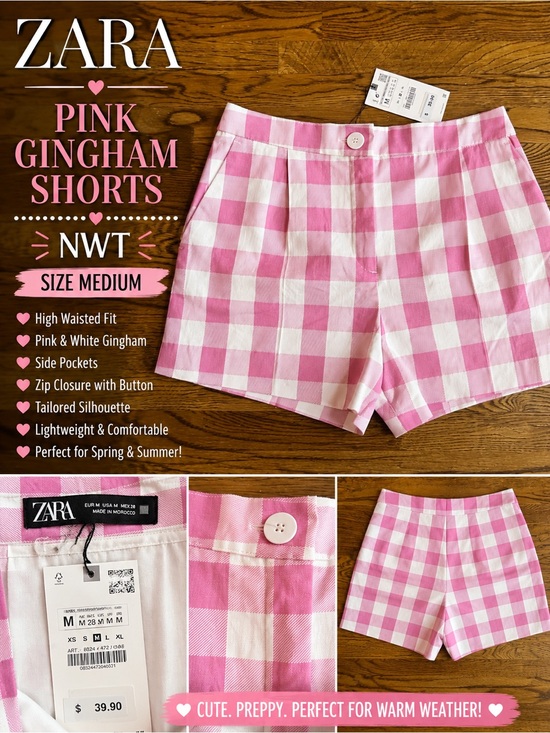 Zara Pants - Zara Pink White Gingham High Waist Shorts NWT Size Medium